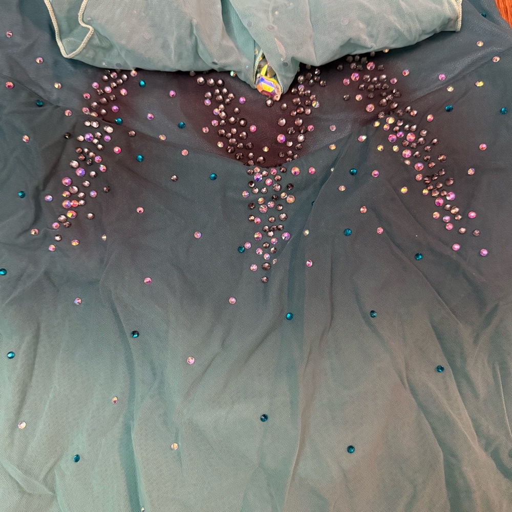 Figure Skating Customized Dress Teal Aqua Ombré Rhinestone Stoned Long Sleeve XS - Picture 10 of 17